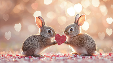 Two adorable rabbits hold a heart-shaped object, surrounded by a festive, romantic background of soft lights and scattered decorations.の素材