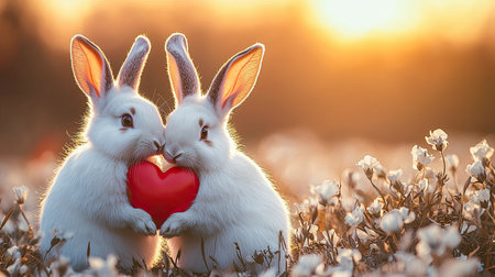 Two cute rabbits holding a red heart in a field during sunset, symbolizing love and affection in a serene, picturesque setting.の素材