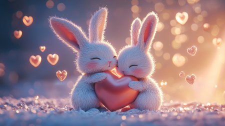 Two cute rabbits embrace while holding a heart, surrounded by floating hearts, creating a warm and loving atmosphere.の素材