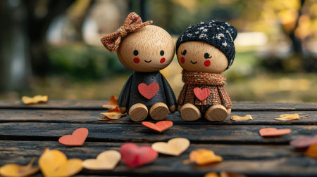Two charming wooden dolls with heart accents sit on a wooden bench, surrounded by colorful heart-shaped leaves, evoking a warm, romantic atmosphere.の素材