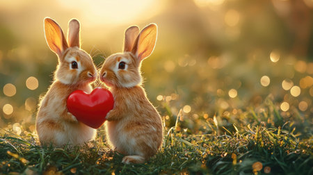Two adorable rabbits share a red heart, symbolizing love, set against a soft, glowing background of grass and light.の素材