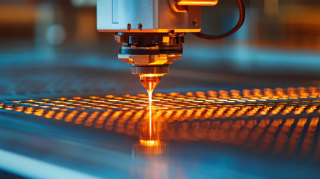 High-Precision Laser Cutting Process with Flaming Beam and Bright Reflection on Metal Surface in Modern Industrial Workshop Environmentの素材