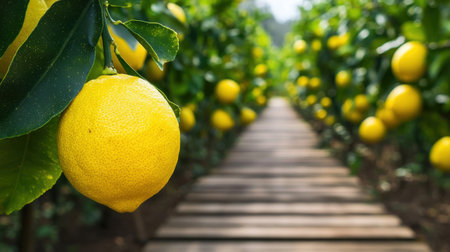 Vibrant Lemon Orchard Pathway with Ripe Yellow Lemons Hanging from Green Leaves Under Bright Sunlight in a Lush Agricultural Landscapeの素材