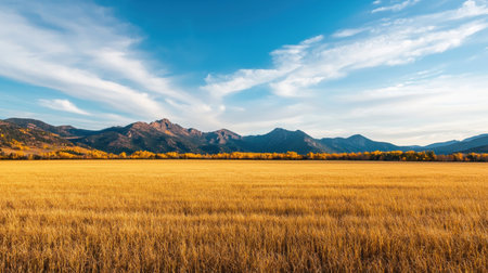 Serenity in the Meadow: Captivating Golden Wheat Field Under a Vibrant Blue Sky with Rolling Mountains in the Background, Perfect for Nature Lovers and Adventurersの素材