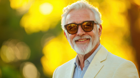 Cheerful elderly man with gray hair and beard wearing sunglasses, smiling outdoors against a bright golden background, enjoying life in sunny weatherの素材