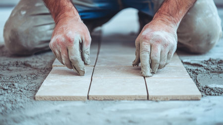 Skilled Craftsman Laying Tiles on Floor, Expert Work in Construction Setting with Hands Covered in Cement, Focus on Detail and Precision in Renovationの素材