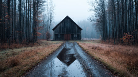 Serene Misty Landscape with Rustic Barn Surrounded by Bare Trees and Fog on a Calm Autumn Morning in a Rural Settingの素材