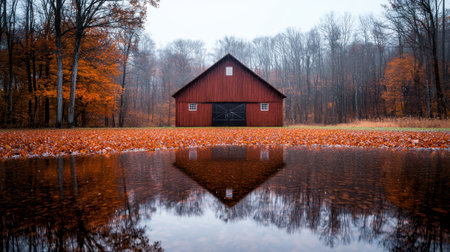 Serene Red Barn in Autumn Reflection Over Calm Water Surrounded by Vibrant Fall Foliage in Tranquil Forest Landscapeの素材