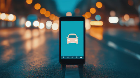 Smartphone Displaying Car Icon on Urban Street at Night with Blurred Lights in Background, Digital Concept of Car Sharing or Ride-Hailing Serviceの素材