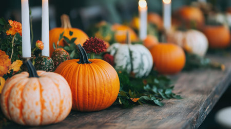 Autumn Harvest Table Decor with Colorful Pumpkins, Candles, and Seasonal Flowers for a Festive Thanksgiving Celebration and Fall Gatheringの素材