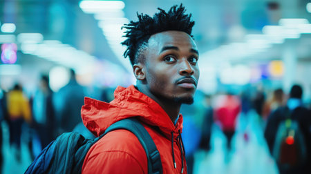 Young man in vibrant red jacket standing in busy urban environment looking up with curiosity and confidence amidst motion blur of people around himの素材