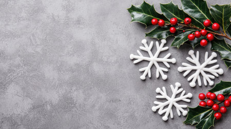 Decorative winter arrangement featuring snowflakes, holly leaves, and bright red berries on a textured gray surface, perfect for festive celebrations and holiday themes.の素材