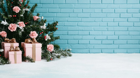 Beautifully Decorated Christmas Tree with Pink Roses and Gifts Against a Blue Brick Wall for Holiday Celebrations and Festive Decorationsの素材