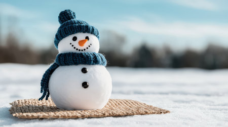 Charming snowman wearing a blue knitted hat and scarf on a snowy landscape with clear blue sky, creating a whimsical winter scene for holiday joy and cheerの素材