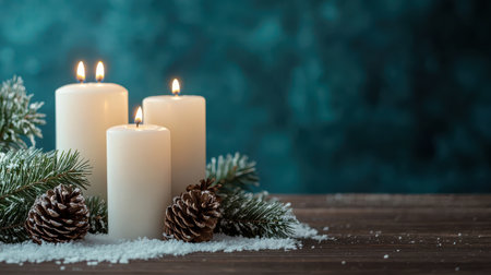 Cozy Winter Scene with White Candles, Green Evergreen Branches, Pine Cones, and Snowy Decor on a Rustic Wooden Table for Holiday Celebrationsの素材