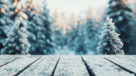 Serene Winter Landscape with Snow-Covered Trees Framing a Wooden Table in Frosty Forest with Soft Natural Light and Frosty Background for Seasonal Themesの素材