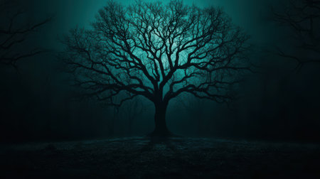 Dark and Mysterious Tree Silhouette in Foggy Forest at Night, Eerie Atmosphere with Ominous Vibes and Striking Shadows Illuminated by Moonlightの素材