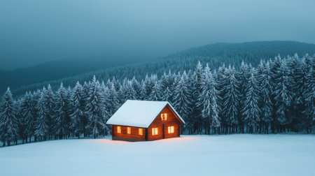 Cozy wooden cabin glowing in the twilight, surrounded by snow-covered pine trees in a winter wonderland landscape, peaceful and serene atmosphereの素材