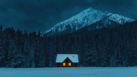 Cozy wooden cabin glowing in the serene snow-covered landscape with majestic mountains and dense evergreen forest under a starry night skyの素材