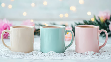 Three Colorful Coffee Mugs on Lace with Soft Bokeh Background and Floral Decorations for Cozy and Inviting Atmosphere in Home or Cafe Settingの素材