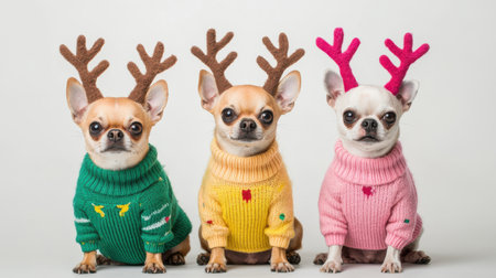 Three Adorable Chihuahuas Dressed in Colorful Sweaters with Antlers for Festive Holiday Celebrations and Winter Wonderland Themesの素材