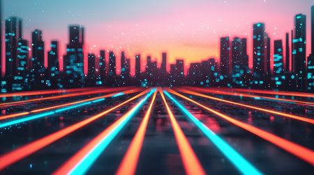 Vibrant Neon Cityscape at Dusk with Colorful Light Trails and Urban Skyline Silhouettes in the Backgroundの素材