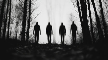 Mysterious Silhouettes of Figures Walking in a Dark Forest with Trees in Black and White, Creating an Eerie and Atmospheric Scene of Uncertainty and Fearの素材