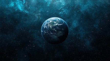 Stunning view of planet Earth with vibrant blue and green colors highlighted against a dark cosmic background filled with stars and nebulae in spaceの素材