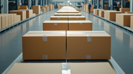 Rows of Cardboard Boxes on Conveyor Belt in Modern Warehouse with Streamlined Logistics and Efficient Distribution Process for Supply Chain Managementの素材