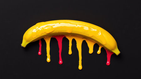 Vibrant Yellow Banana with Colorful Paint Drips on Black Background, Artistic and Creative Fruit Concept, Playful Food Art for Modern Design Projectsの素材