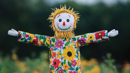 Colorful Scarecrow in a Flower Field with Happy Expression, Bright Colors, and Cheerful Design for Garden and Agriculture Imageryの素材