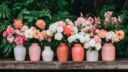 Display of Vibrant Roses in Colorful Vases Surrounded by Lush Greenery on a Wooden Surface for Interior Decor and Floral Arrangement Inspirationの素材