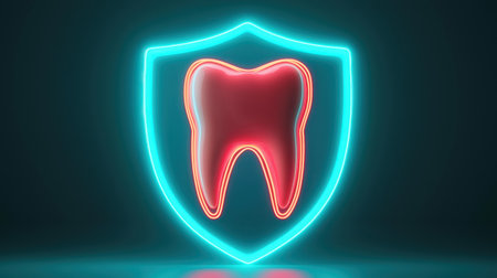Bright and Energetic Dental Protection Concept with Neon Tooth and Shield Displayed in a Modern and Stylish Backgroundの素材