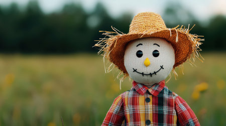 Cheerful Scarecrow Doll in Autumn Field Surrounded by Nature with Flowers and Soft Background in a Warm Afternoon Lightの素材
