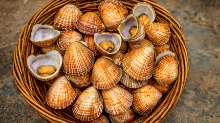 Freshly harvested clams shellfish in a woven basket resting on a rustic wooden surface showcasing natural textures and colors of seafood caught from the seaの素材