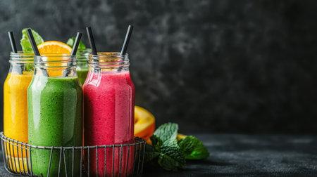 Fresh and Colorful Smoothies with Mint and Fruits in Glass Jars on Dark Background for Healthy Beverage Conceptの素材
