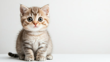 Adorable tabby kitten with large expressive eyes sitting on a clean white background, exuding curiosity and innocence in a soft, cozy settingの素材