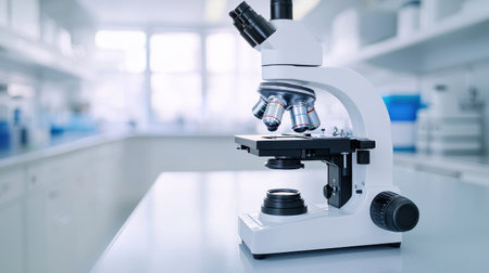 Laboratory Microscope on a Clean Surface in a Bright Research Environment, Showcasing Advanced Optical Equipment for Scientific Investigationの素材