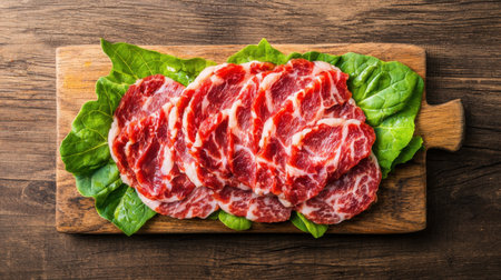 Freshly Sliced Raw Meat on Wooden Board Surrounded by Green Lettuce Leaves, Perfect for Culinary Dishes and Gourmet Presentationsの素材