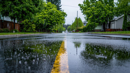 A Calm Neighborhood Street During Rainfall with Raindrops Splashing on the Wet Pavement and Green Trees Lining the Sides of the Roadの素材