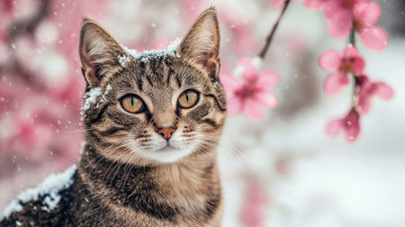 Adorable Cat with Snow on Its Fur Poses Gracefully Amidst Beautiful Cherry Blossom Flowers in a Winter Landscapeの素材