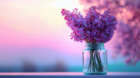 Delicate pink flowers in a glass jar against a soft pastel sunset background, capturing the essence of tranquility and beauty in natureの素材