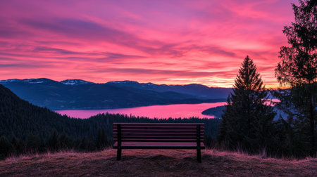 Serene Sunset Over Mountains and Lake with a Lonely Bench Surrounded by Nature's Beauty and Vibrant Sky Colors Reflecting on Waterの素材