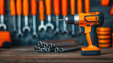 Vibrant Orange Cordless Drill Among Tool Collection with Wrenches and Sockets on Workbench for DIY Projects and Home Improvement Enthusiastsの素材