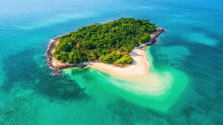 Aerial View of a Serene Tropical Island with Lush Greenery Surrounded by Clear Blue Waters and Soft Sandy Beach in a Tranquil Seascapeの素材