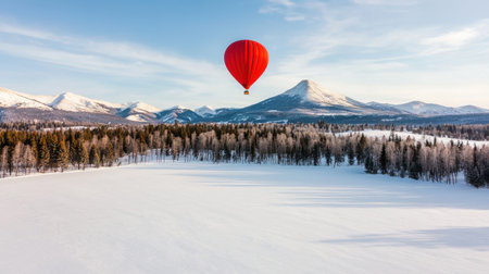 Vibrant Red Hot Air Balloon Over Snowy Landscape with Mountains and Pine Forest Under Clear Blue Sky in Winter Season Scenic Aerial Viewの素材