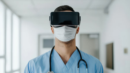 Medical Professional Wearing Virtual Reality Headset in Hospital Environment with Stethoscope and Protective Mask for Innovative Healthcare Solutionsの素材