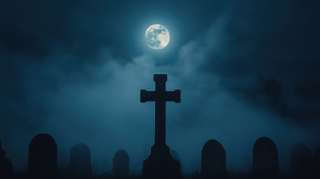 Ethereal Night Scene with Full Moon Illuminating Tombstones and Cross in a Misty Graveyard, Creating a Haunting Atmosphere of Mystery and Reflectionの素材