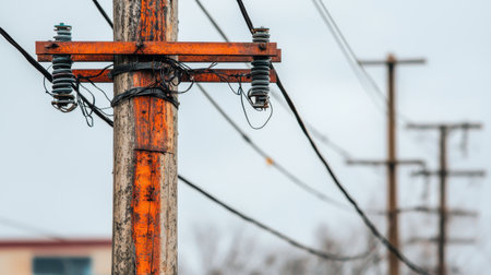 Rustic Utility Pole with Weathered Wood and Insulators against a Cloudy Sky in an Urban Setting, Depicting Power Infrastructure and Connectivityの素材