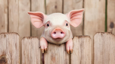 Adorable Baby Pig Peeking Over Wooden Fence in Farm Setting with Rustic Background and Playful Expression Capturing Farm Life Charm and Animal Innocenceの素材